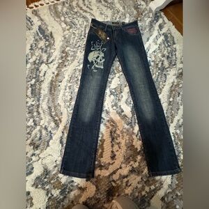 Ed Hardy Navy Straight Leg Jeans with Skull Design
